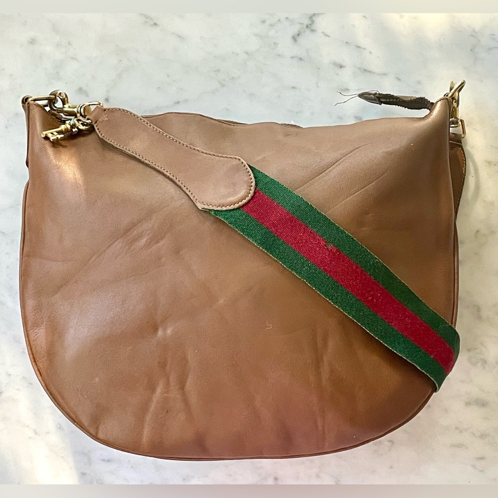 Gucci VTG Leather Hobo Bag, web shoulder strap w/horsebit hardware, zip, *FAIR*